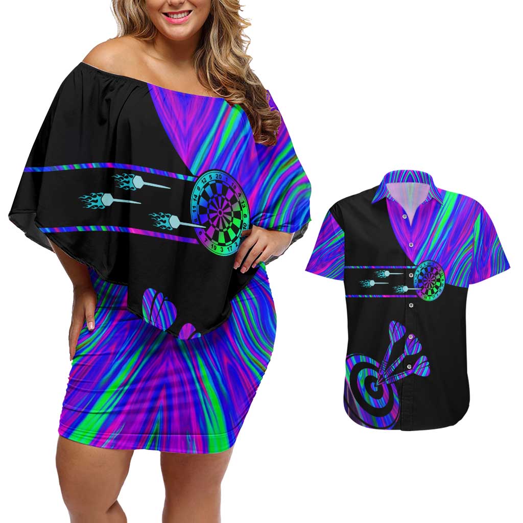 Neon Dartboard Darts Couples Matching Off Shoulder Short Dress and Hawaiian Shirt with Colorful Target and Psychedelic Swirl Pattern - Wonder Print Shop