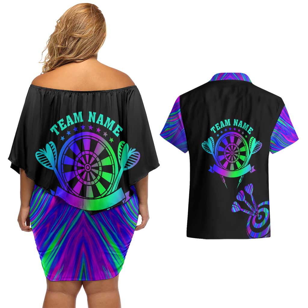 Neon Dartboard Darts Couples Matching Off Shoulder Short Dress and Hawaiian Shirt with Colorful Target and Psychedelic Swirl Pattern - Wonder Print Shop