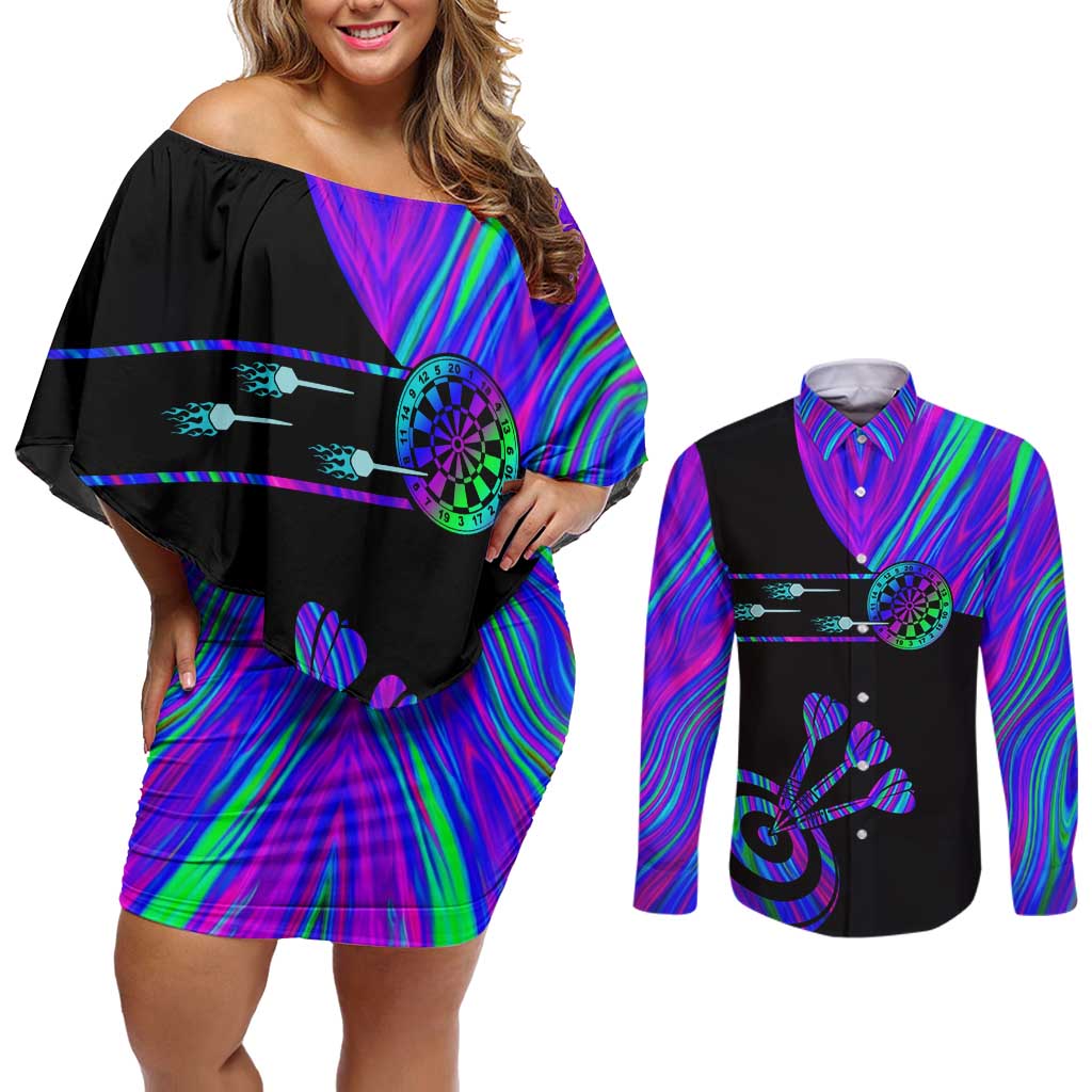 Neon Dartboard Darts Couples Matching Off Shoulder Short Dress and Long Sleeve Button Shirt with Colorful Target and Psychedelic Swirl Pattern - Wonder Print Shop