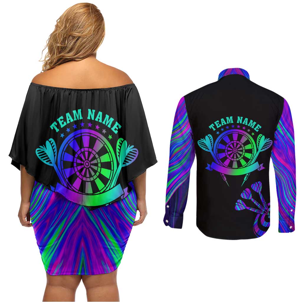 Neon Dartboard Darts Couples Matching Off Shoulder Short Dress and Long Sleeve Button Shirt with Colorful Target and Psychedelic Swirl Pattern - Wonder Print Shop