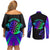 Neon Dartboard Darts Couples Matching Off Shoulder Short Dress and Long Sleeve Button Shirt with Colorful Target and Psychedelic Swirl Pattern - Wonder Print Shop
