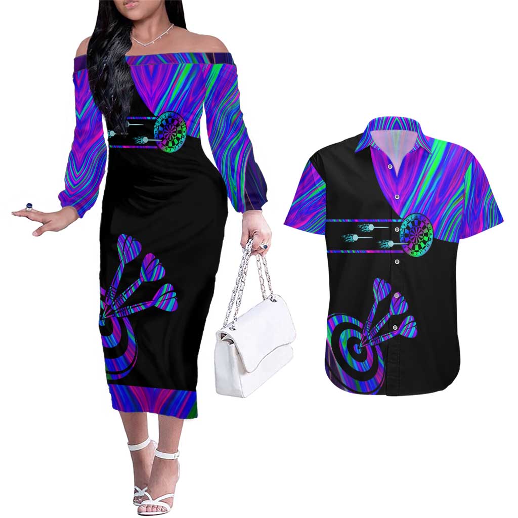 Neon Dartboard Darts Couples Matching Off The Shoulder Long Sleeve Dress and Hawaiian Shirt with Colorful Target and Psychedelic Swirl Pattern - Wonder Print Shop