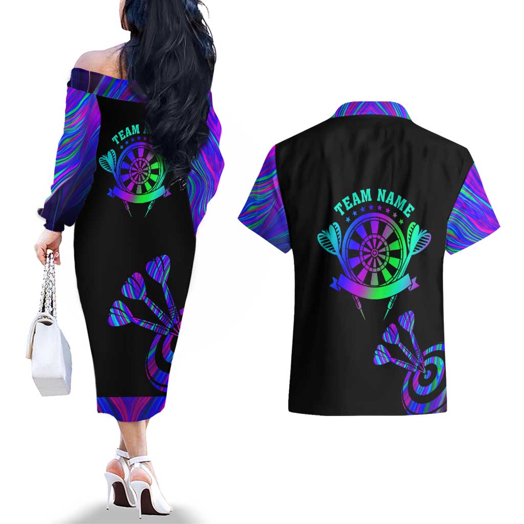 Neon Dartboard Darts Couples Matching Off The Shoulder Long Sleeve Dress and Hawaiian Shirt with Colorful Target and Psychedelic Swirl Pattern - Wonder Print Shop