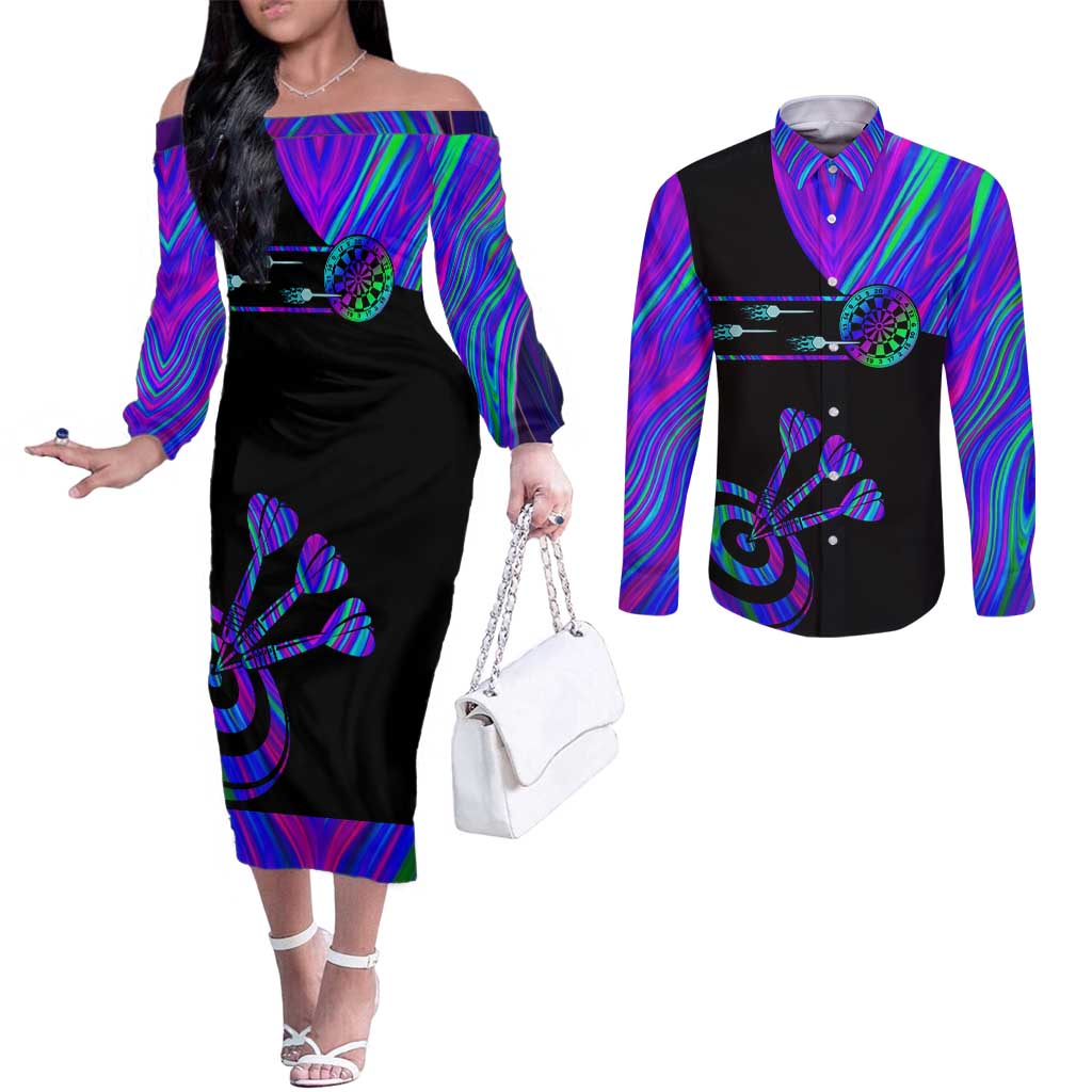 Neon Dartboard Darts Couples Matching Off The Shoulder Long Sleeve Dress and Long Sleeve Button Shirt with Colorful Target and Psychedelic Swirl Pattern - Wonder Print Shop