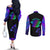 Neon Dartboard Darts Couples Matching Off The Shoulder Long Sleeve Dress and Long Sleeve Button Shirt with Colorful Target and Psychedelic Swirl Pattern - Wonder Print Shop