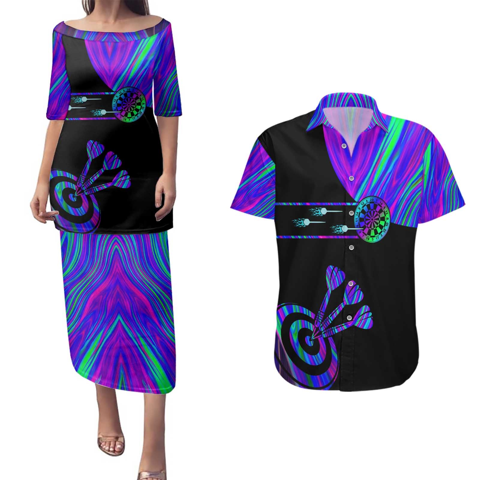 Neon Dartboard Darts Couples Matching Puletasi and Hawaiian Shirt with Colorful Target and Psychedelic Swirl Pattern - Wonder Print Shop
