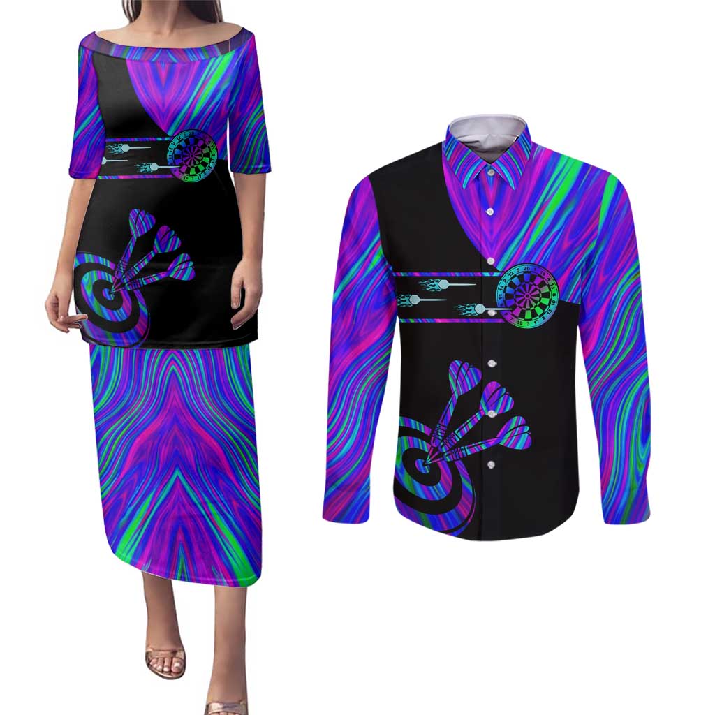 Neon Dartboard Darts Couples Matching Puletasi and Long Sleeve Button Shirt with Colorful Target and Psychedelic Swirl Pattern - Wonder Print Shop