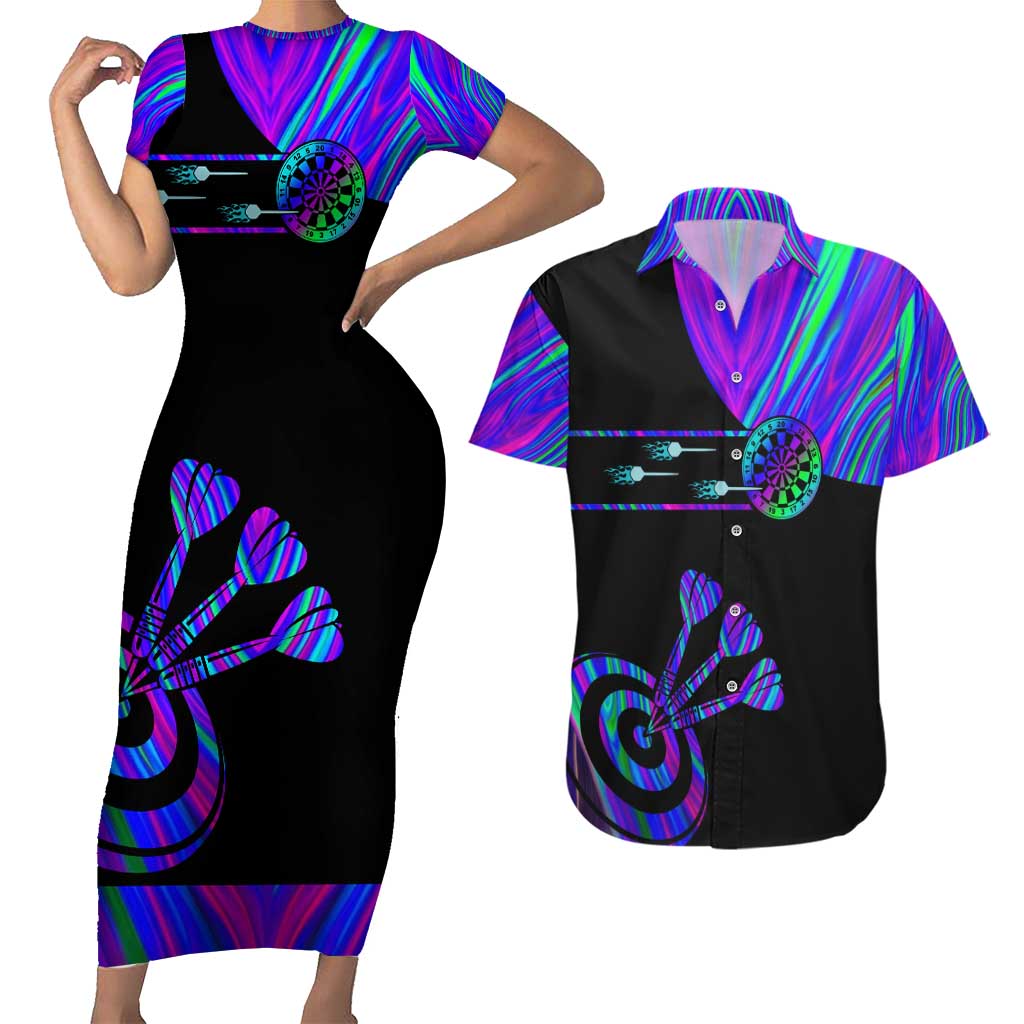 Neon Dartboard Darts Couples Matching Short Sleeve Bodycon Dress and Hawaiian Shirt with Colorful Target and Psychedelic Swirl Pattern - Wonder Print Shop
