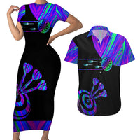 Neon Dartboard Darts Couples Matching Short Sleeve Bodycon Dress and Hawaiian Shirt with Colorful Target and Psychedelic Swirl Pattern - Wonder Print Shop
