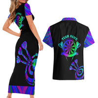Neon Dartboard Darts Couples Matching Short Sleeve Bodycon Dress and Hawaiian Shirt with Colorful Target and Psychedelic Swirl Pattern - Wonder Print Shop