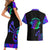 Neon Dartboard Darts Couples Matching Short Sleeve Bodycon Dress and Hawaiian Shirt with Colorful Target and Psychedelic Swirl Pattern - Wonder Print Shop