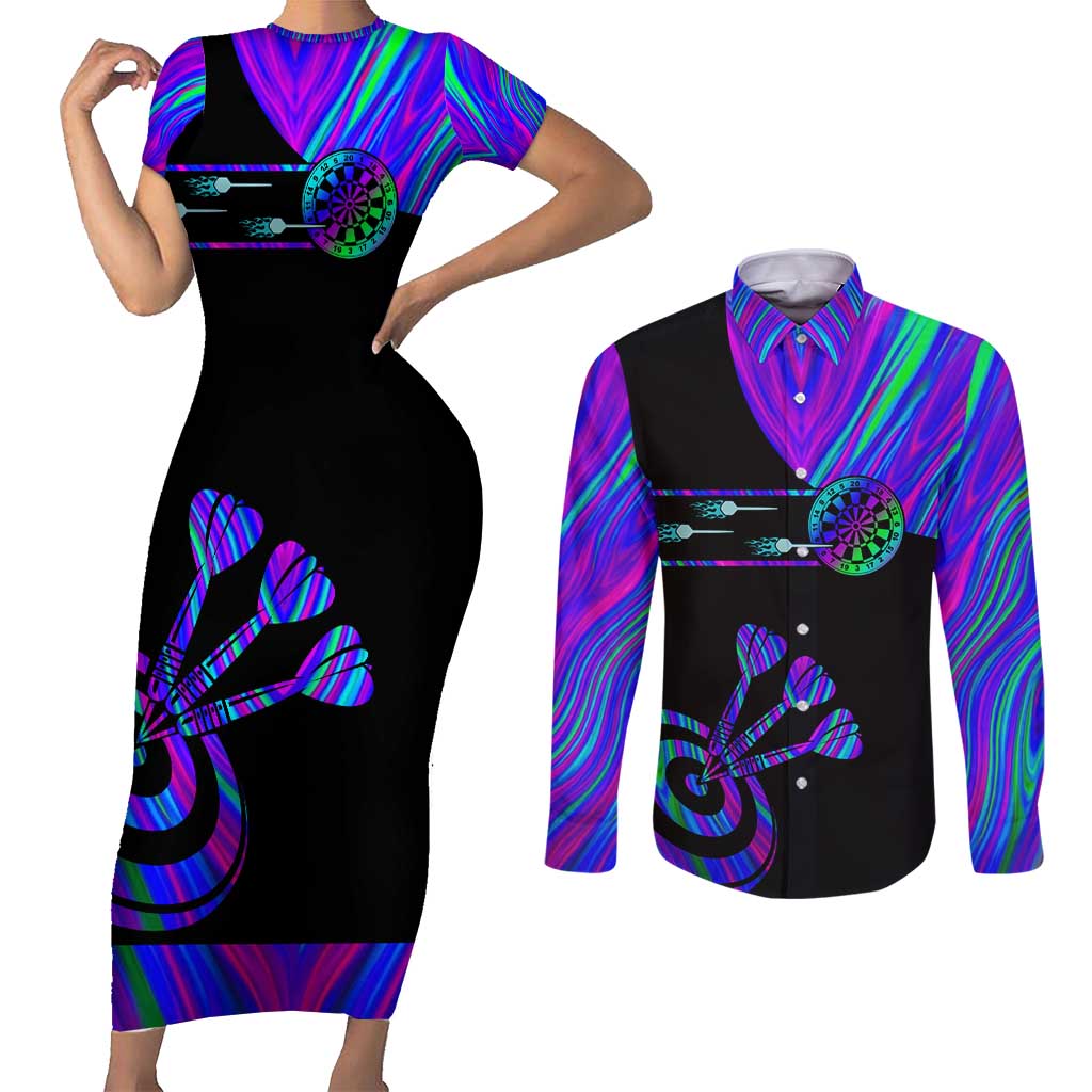Neon Dartboard Darts Couples Matching Short Sleeve Bodycon Dress and Long Sleeve Button Shirt with Colorful Target and Psychedelic Swirl Pattern - Wonder Print Shop