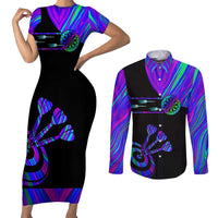 Neon Dartboard Darts Couples Matching Short Sleeve Bodycon Dress and Long Sleeve Button Shirt with Colorful Target and Psychedelic Swirl Pattern - Wonder Print Shop