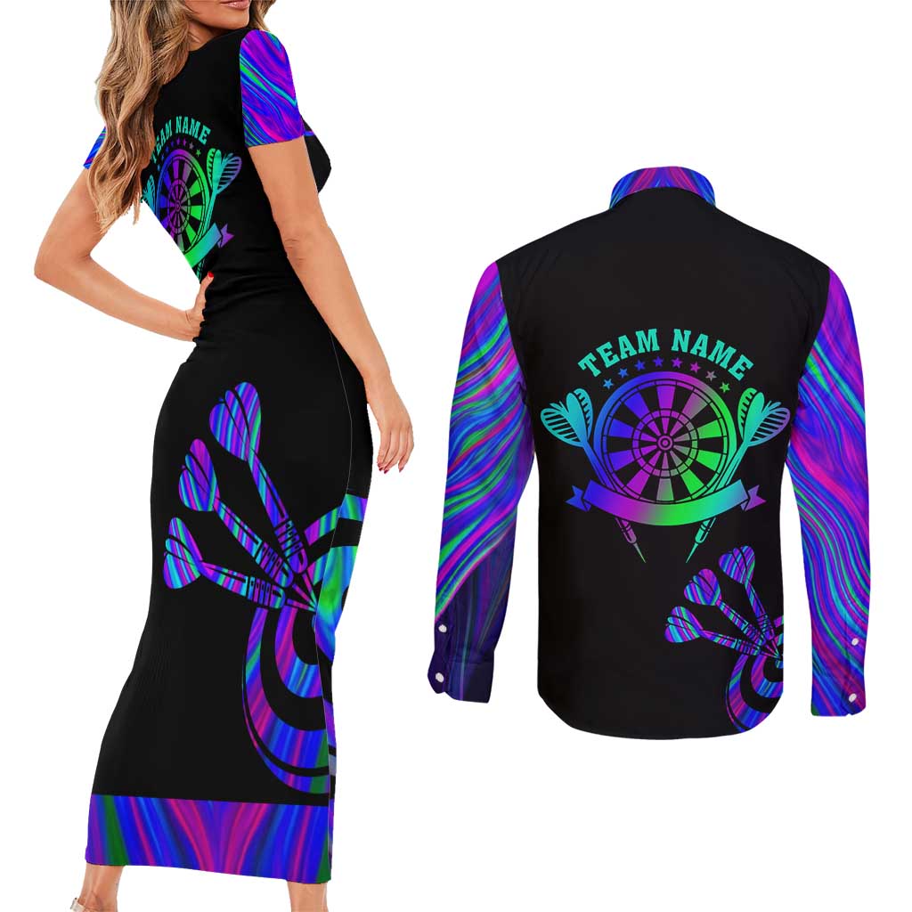 Neon Dartboard Darts Couples Matching Short Sleeve Bodycon Dress and Long Sleeve Button Shirt with Colorful Target and Psychedelic Swirl Pattern - Wonder Print Shop