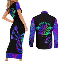 Neon Dartboard Darts Couples Matching Short Sleeve Bodycon Dress and Long Sleeve Button Shirt with Colorful Target and Psychedelic Swirl Pattern - Wonder Print Shop