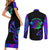 Neon Dartboard Darts Couples Matching Short Sleeve Bodycon Dress and Long Sleeve Button Shirt with Colorful Target and Psychedelic Swirl Pattern - Wonder Print Shop