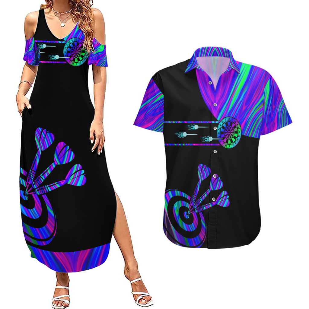 Neon Dartboard Darts Couples Matching Summer Maxi Dress and Hawaiian Shirt with Colorful Target and Psychedelic Swirl Pattern - Wonder Print Shop