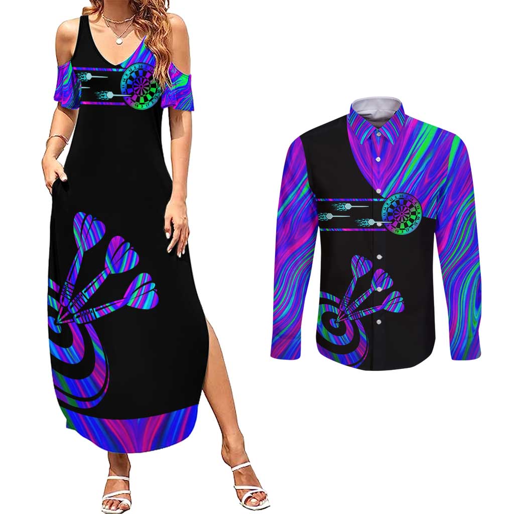 Neon Dartboard Darts Couples Matching Summer Maxi Dress and Long Sleeve Button Shirt with Colorful Target and Psychedelic Swirl Pattern - Wonder Print Shop