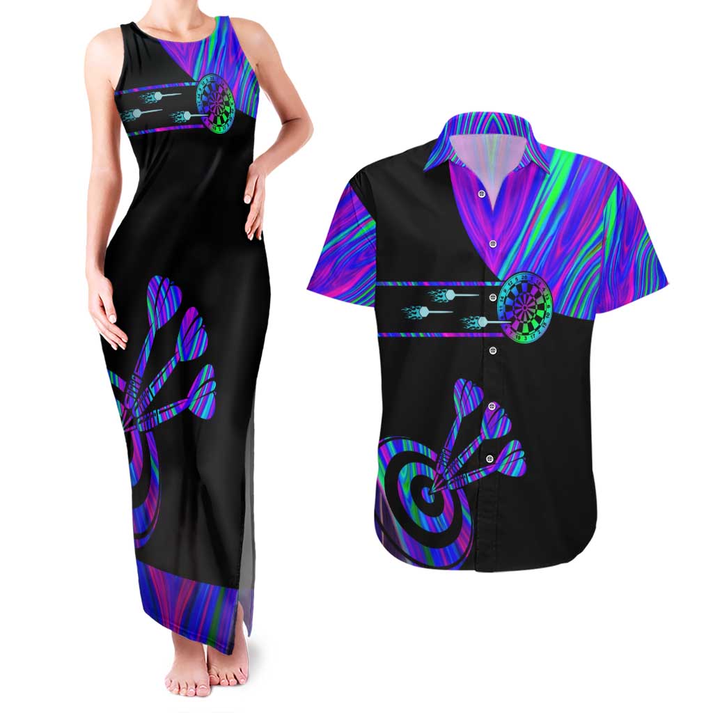 Neon Dartboard Darts Couples Matching Tank Maxi Dress and Hawaiian Shirt with Colorful Target and Psychedelic Swirl Pattern - Wonder Print Shop