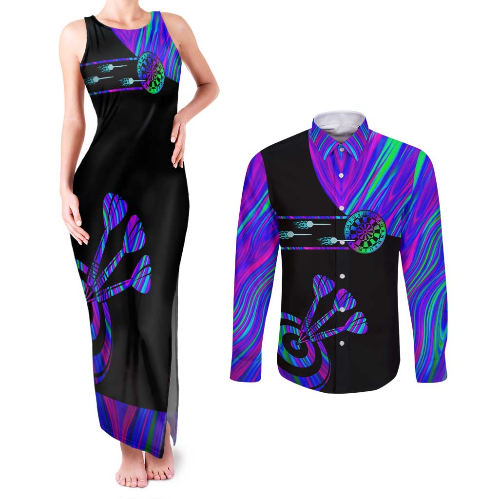 Neon Dartboard Darts Couples Matching Tank Maxi Dress and Long Sleeve Button Shirt with Colorful Target and Psychedelic Swirl Pattern - Wonder Print Shop