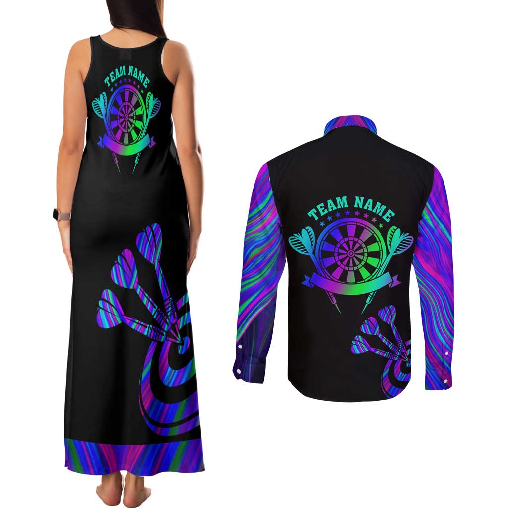 Neon Dartboard Darts Couples Matching Tank Maxi Dress and Long Sleeve Button Shirt with Colorful Target and Psychedelic Swirl Pattern - Wonder Print Shop