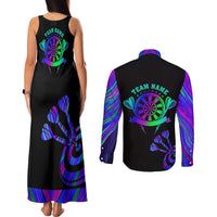 Neon Dartboard Darts Couples Matching Tank Maxi Dress and Long Sleeve Button Shirt with Colorful Target and Psychedelic Swirl Pattern - Wonder Print Shop