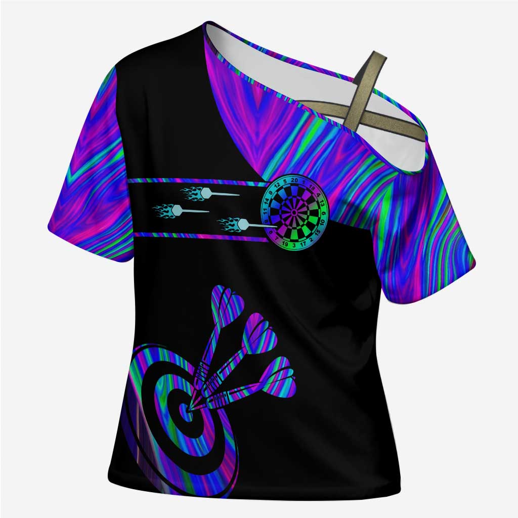 Neon Dartboard Darts Cross Shoulder Shirt with Colorful Target and Psychedelic Swirl Pattern - Wonder Print Shop