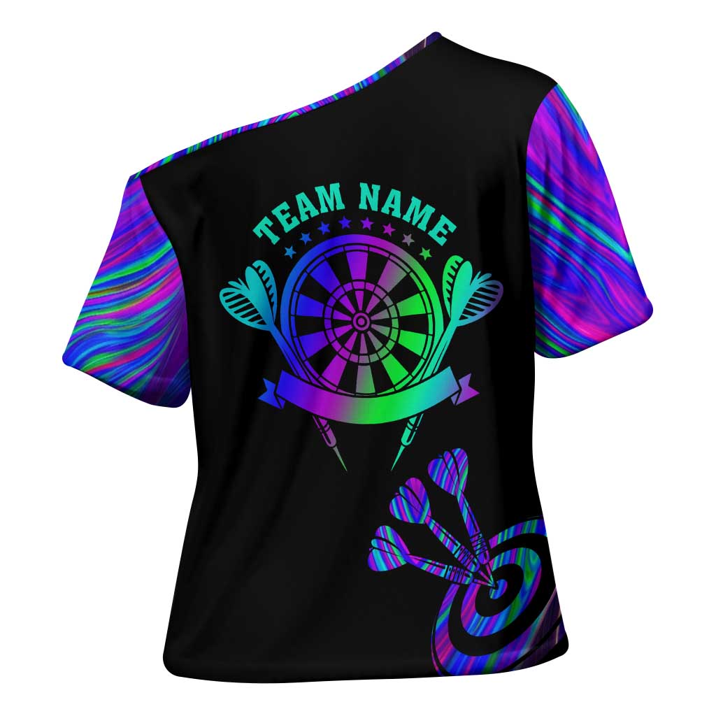 Neon Dartboard Darts Cross Shoulder Shirt with Colorful Target and Psychedelic Swirl Pattern - Wonder Print Shop