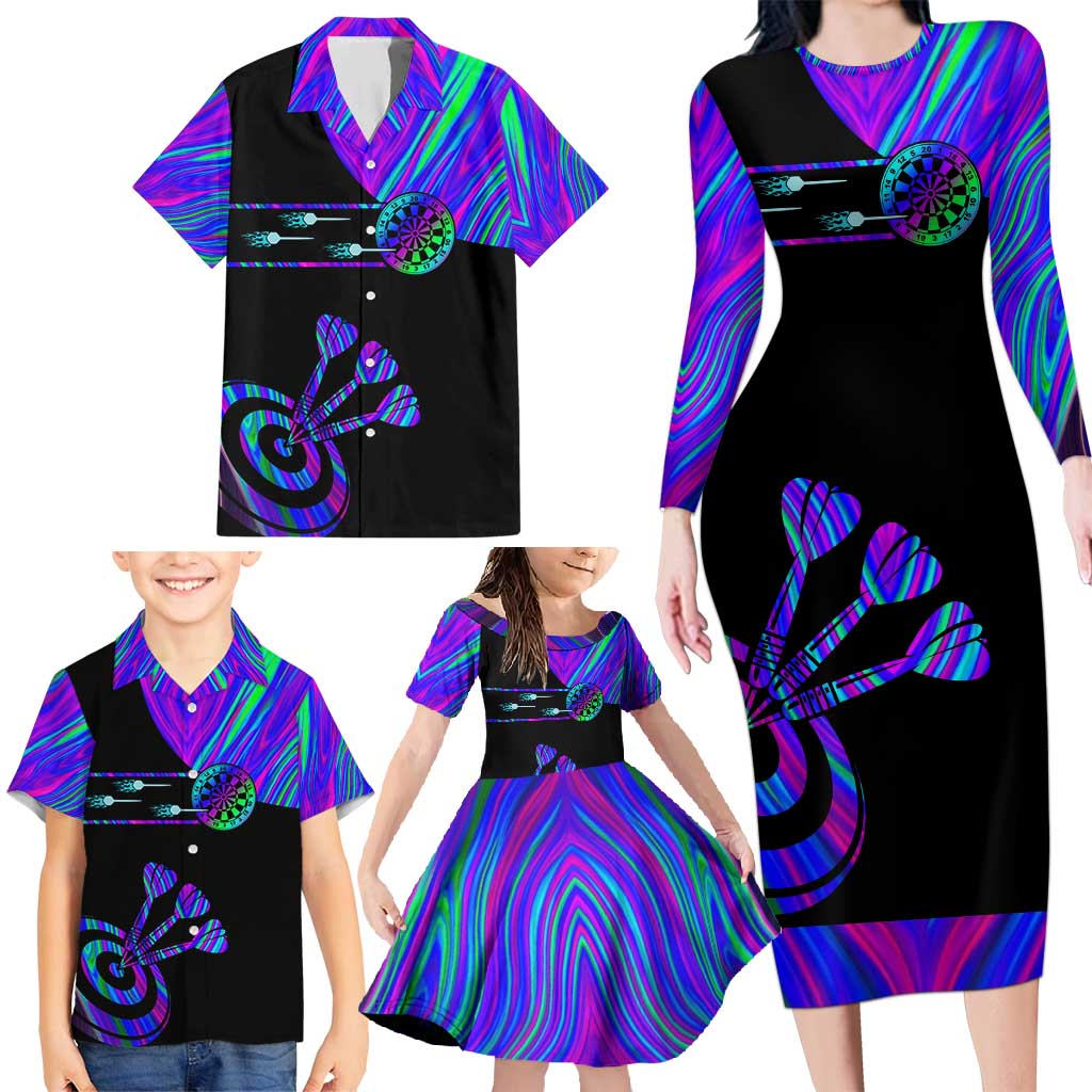 Neon Dartboard Darts Family Matching Long Sleeve Bodycon Dress and Hawaiian Shirt with Colorful Target and Psychedelic Swirl Pattern - Wonder Print Shop