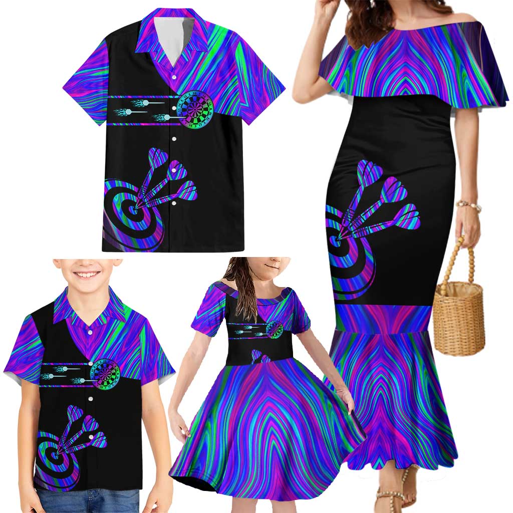 Neon Dartboard Darts Family Matching Mermaid Dress and Hawaiian Shirt with Colorful Target and Psychedelic Swirl Pattern - Wonder Print Shop