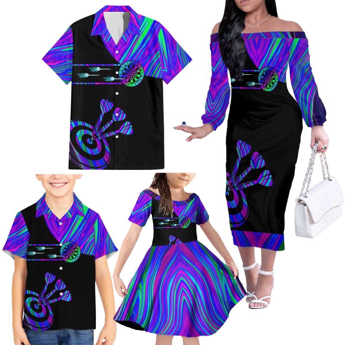 Neon Dartboard Darts Family Matching Off The Shoulder Long Sleeve Dress and Hawaiian Shirt with Colorful Target and Psychedelic Swirl Pattern - Wonder Print Shop