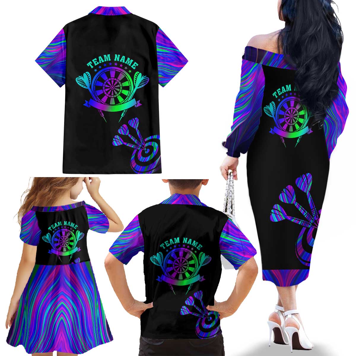 Neon Dartboard Darts Family Matching Off The Shoulder Long Sleeve Dress and Hawaiian Shirt with Colorful Target and Psychedelic Swirl Pattern - Wonder Print Shop