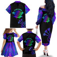 Neon Dartboard Darts Family Matching Off The Shoulder Long Sleeve Dress and Hawaiian Shirt with Colorful Target and Psychedelic Swirl Pattern - Wonder Print Shop
