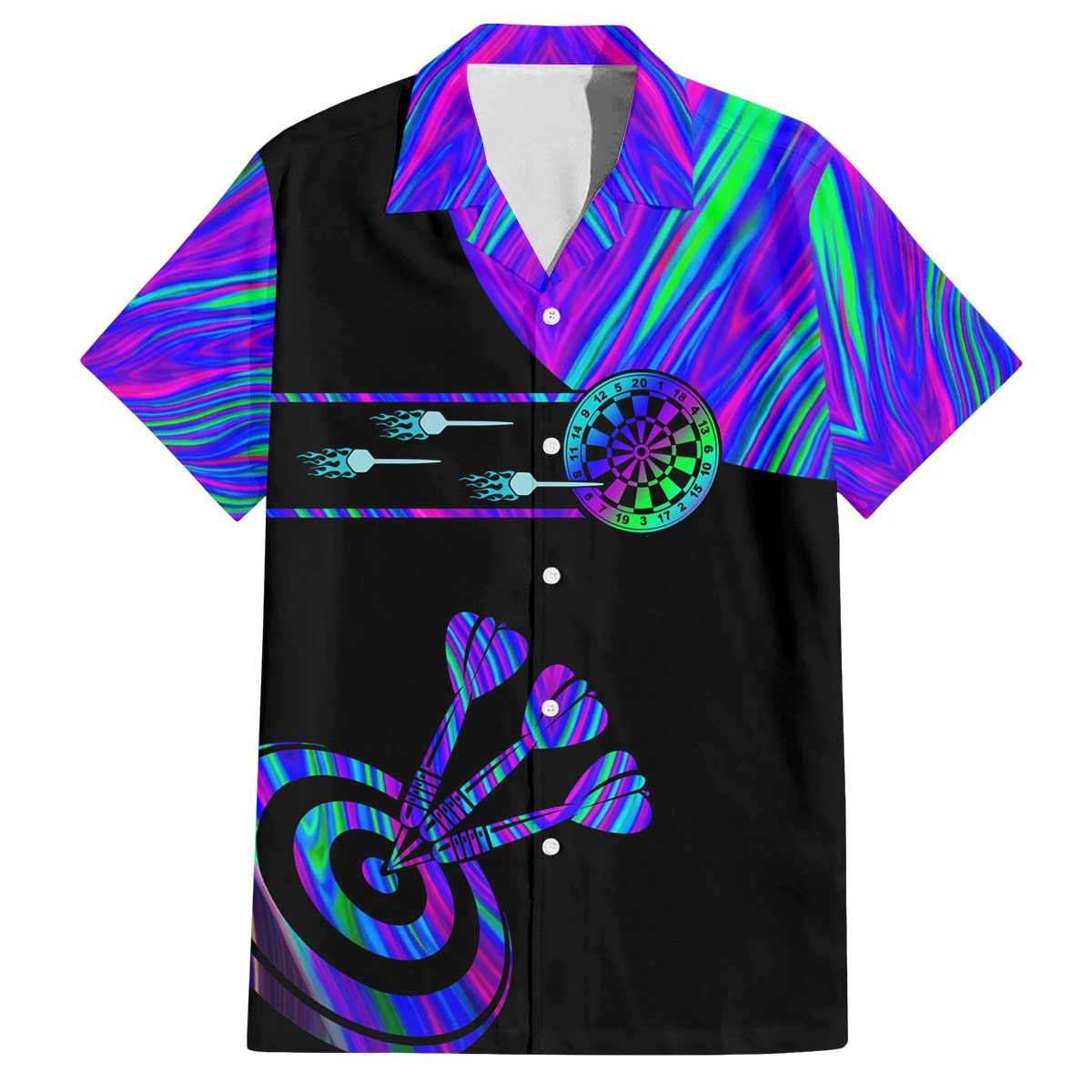 Neon Dartboard Darts Family Matching Off The Shoulder Long Sleeve Dress and Hawaiian Shirt with Colorful Target and Psychedelic Swirl Pattern - Wonder Print Shop