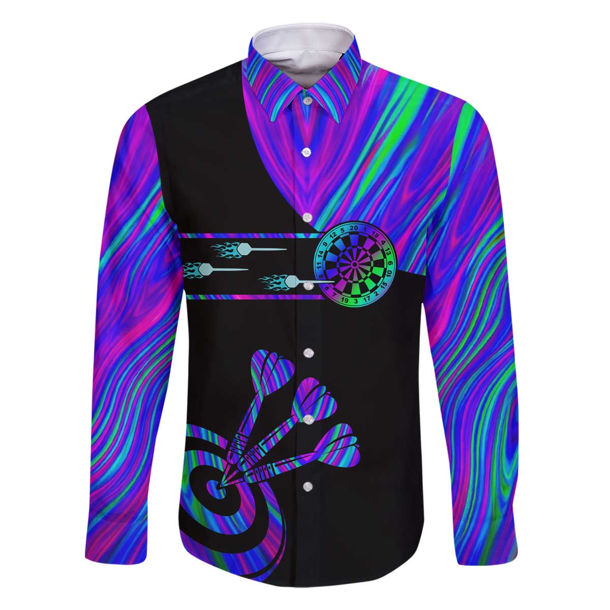 Neon Dartboard Darts Family Matching Off The Shoulder Long Sleeve Dress and Hawaiian Shirt with Colorful Target and Psychedelic Swirl Pattern - Wonder Print Shop