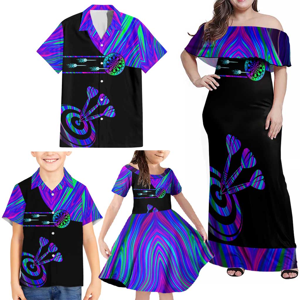 Neon Dartboard Darts Family Matching Off Shoulder Maxi Dress and Hawaiian Shirt with Colorful Target and Psychedelic Swirl Pattern - Wonder Print Shop