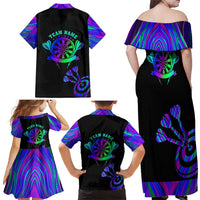 Neon Dartboard Darts Family Matching Off Shoulder Maxi Dress and Hawaiian Shirt with Colorful Target and Psychedelic Swirl Pattern - Wonder Print Shop