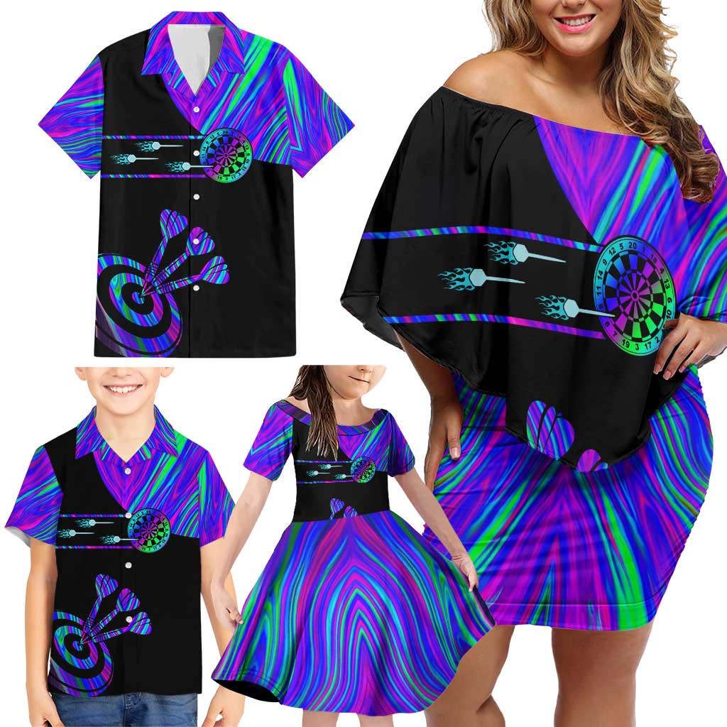 Neon Dartboard Darts Family Matching Off Shoulder Short Dress and Hawaiian Shirt with Colorful Target and Psychedelic Swirl Pattern - Wonder Print Shop