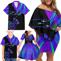 Neon Dartboard Darts Family Matching Off Shoulder Short Dress and Hawaiian Shirt with Colorful Target and Psychedelic Swirl Pattern - Wonder Print Shop