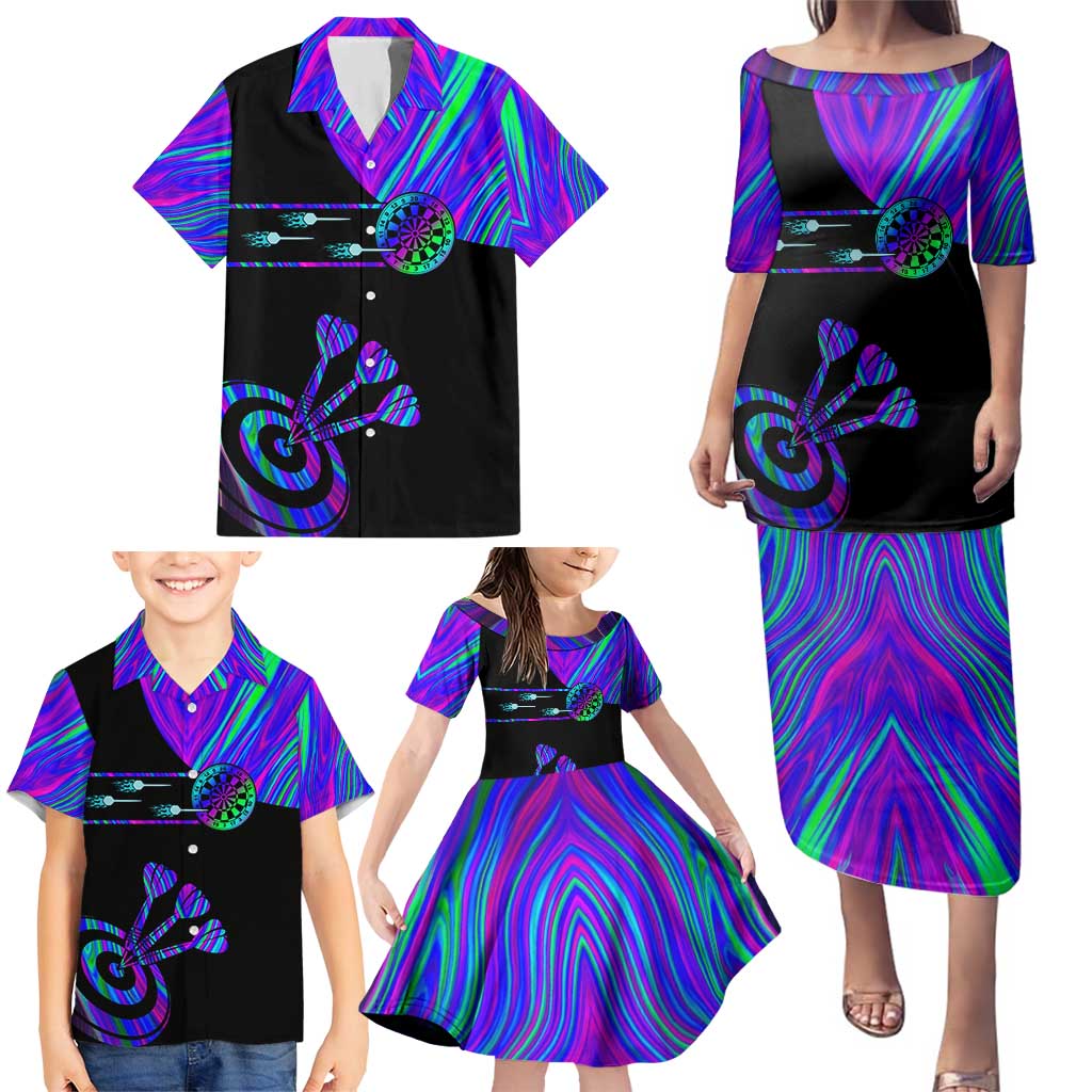 Neon Dartboard Darts Family Matching Puletasi and Hawaiian Shirt with Colorful Target and Psychedelic Swirl Pattern - Wonder Print Shop