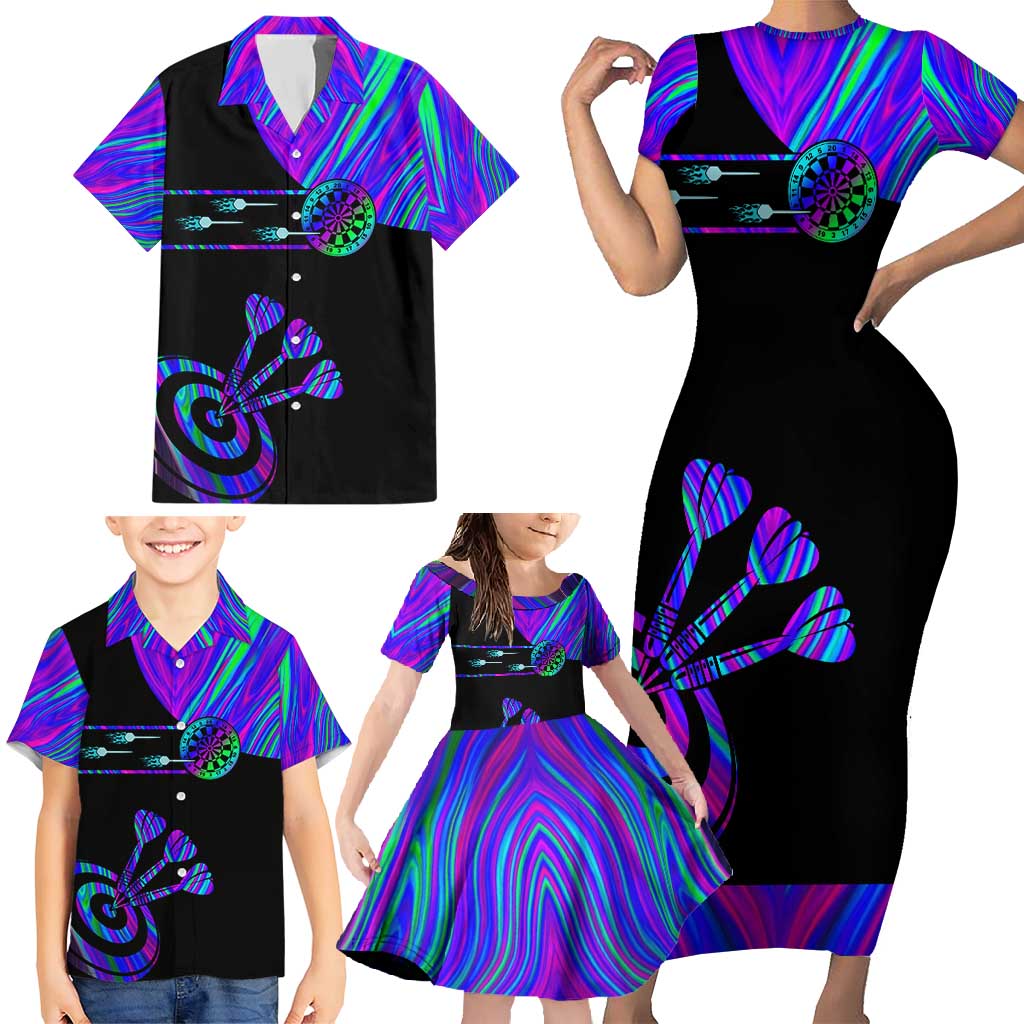 Neon Dartboard Darts Family Matching Short Sleeve Bodycon Dress and Hawaiian Shirt with Colorful Target and Psychedelic Swirl Pattern - Wonder Print Shop