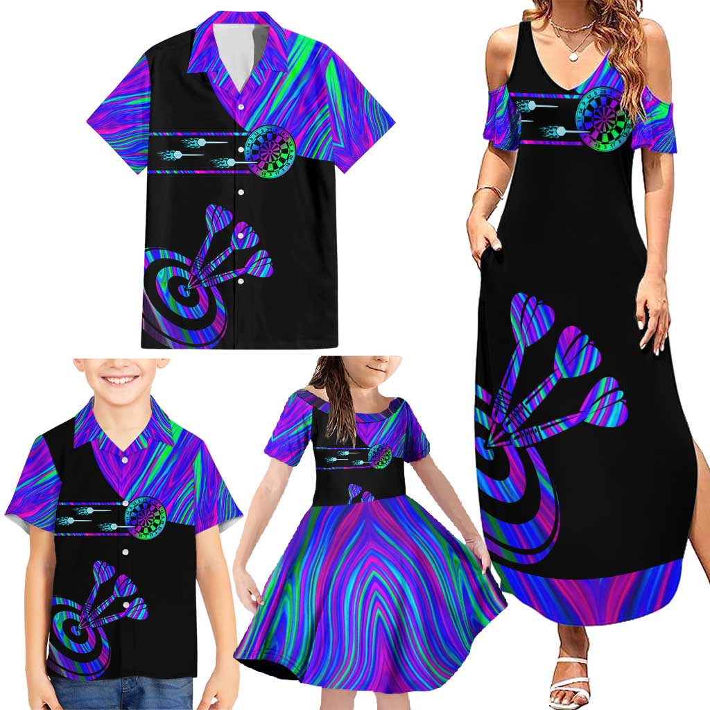 Neon Dartboard Darts Family Matching Summer Maxi Dress and Hawaiian Shirt with Colorful Target and Psychedelic Swirl Pattern - Wonder Print Shop