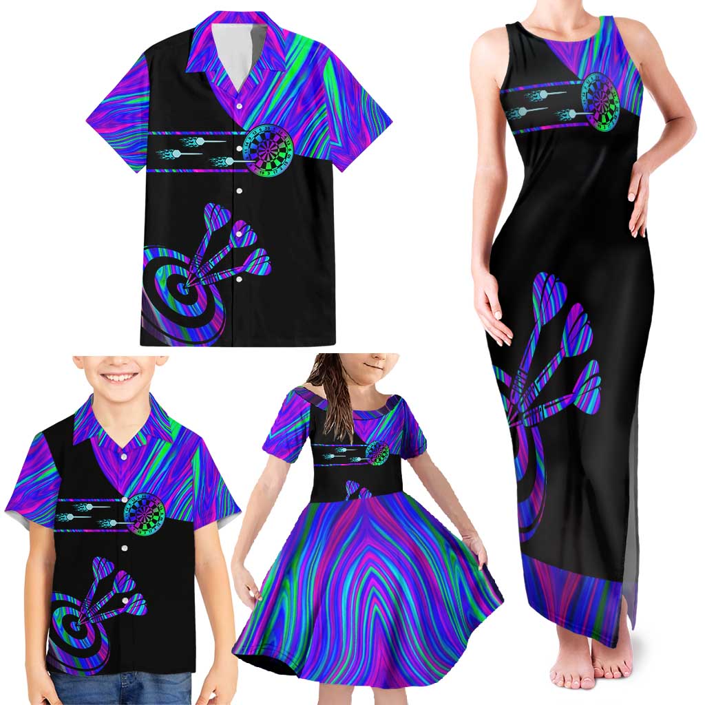 Neon Dartboard Darts Family Matching Tank Maxi Dress and Hawaiian Shirt with Colorful Target and Psychedelic Swirl Pattern - Wonder Print Shop