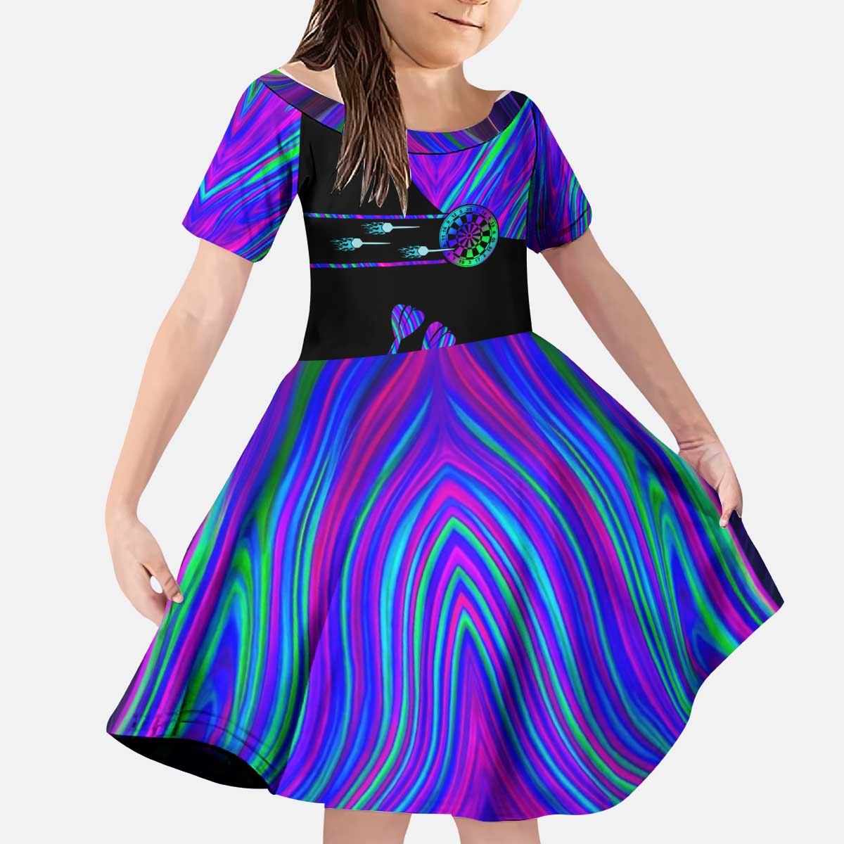Neon Dartboard Darts Kid Short Sleeve Dress with Colorful Target and Psychedelic Swirl Pattern - Wonder Print Shop