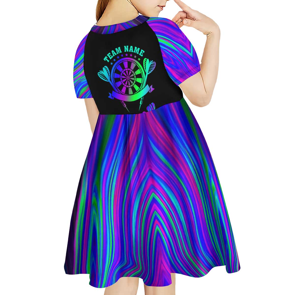 Neon Dartboard Darts Kid Short Sleeve Dress with Colorful Target and Psychedelic Swirl Pattern - Wonder Print Shop