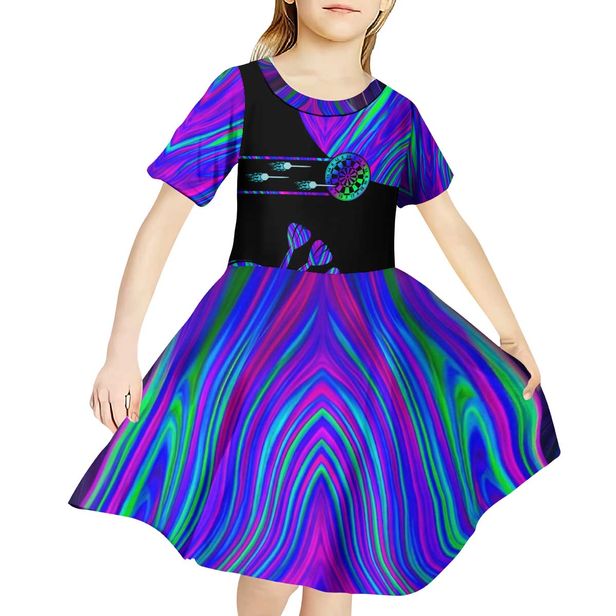 Neon Dartboard Darts Kid Short Sleeve Dress with Colorful Target and Psychedelic Swirl Pattern - Wonder Print Shop
