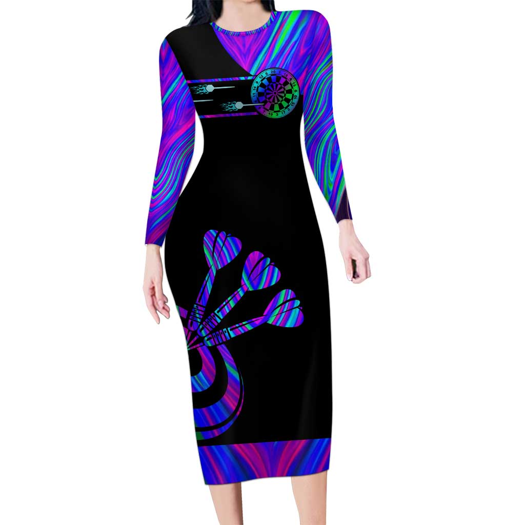 Neon Dartboard Darts Long Sleeve Bodycon Dress with Colorful Target and Psychedelic Swirl Pattern - Wonder Print Shop