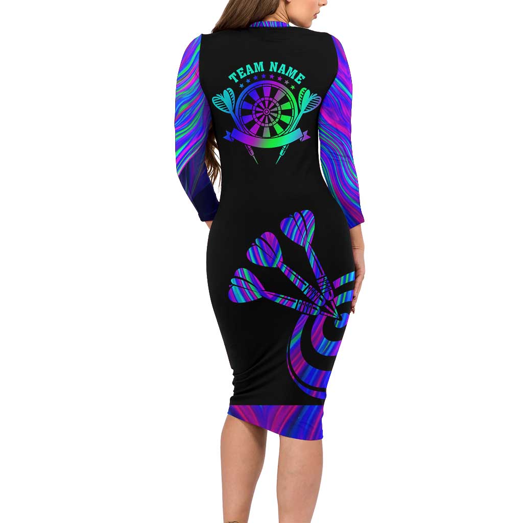 Neon Dartboard Darts Long Sleeve Bodycon Dress with Colorful Target and Psychedelic Swirl Pattern - Wonder Print Shop