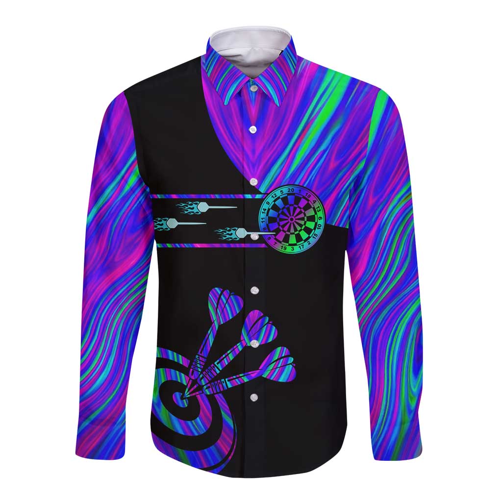 Neon Dartboard Darts Long Sleeve Button Shirt with Colorful Target and Psychedelic Swirl Pattern - Wonder Print Shop