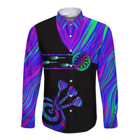 Neon Dartboard Darts Long Sleeve Button Shirt with Colorful Target and Psychedelic Swirl Pattern - Wonder Print Shop
